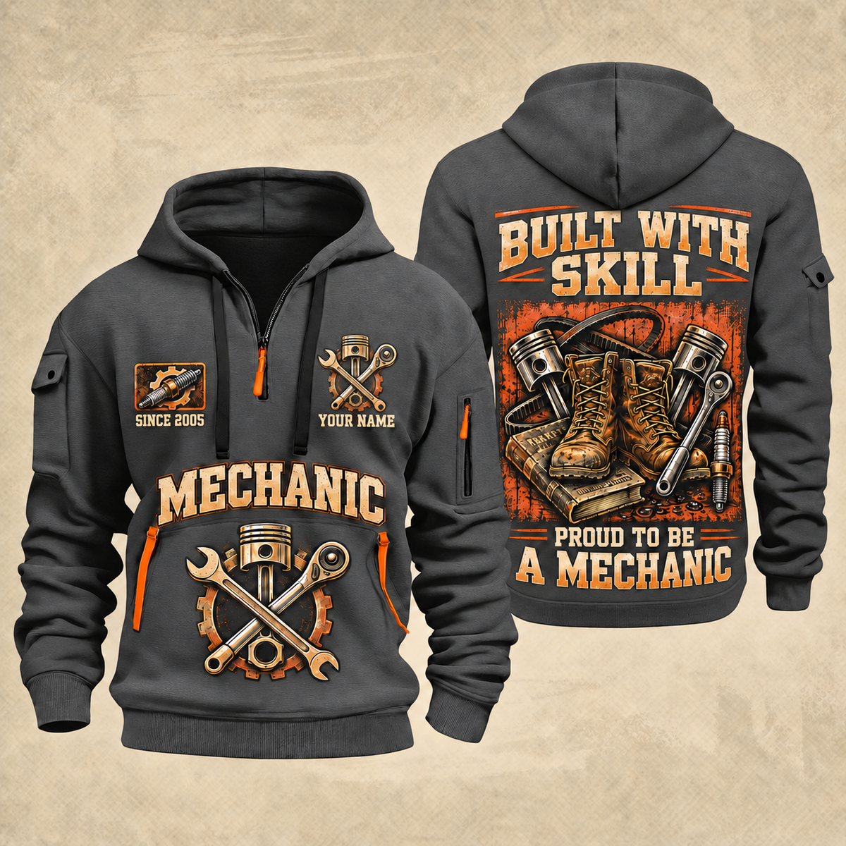Mechanic Built With Skill quarter-zip hoodie in Gray, front and back, YOUR NAME and SINCE 2005 artwork