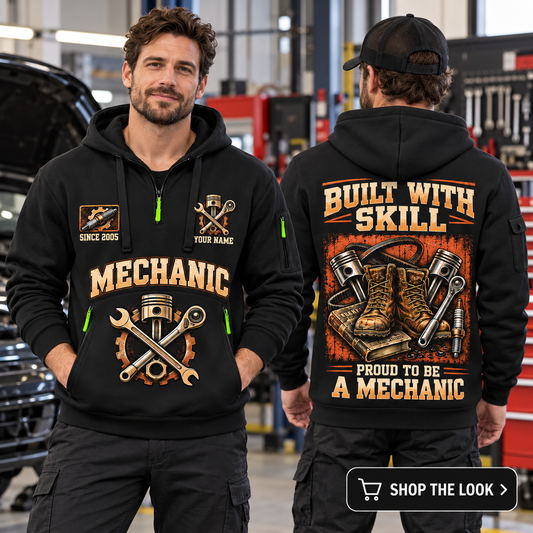 Mechanic wearing Built With Skill quarter-zip hoodie in their workplace; product introduction and shopping call to action