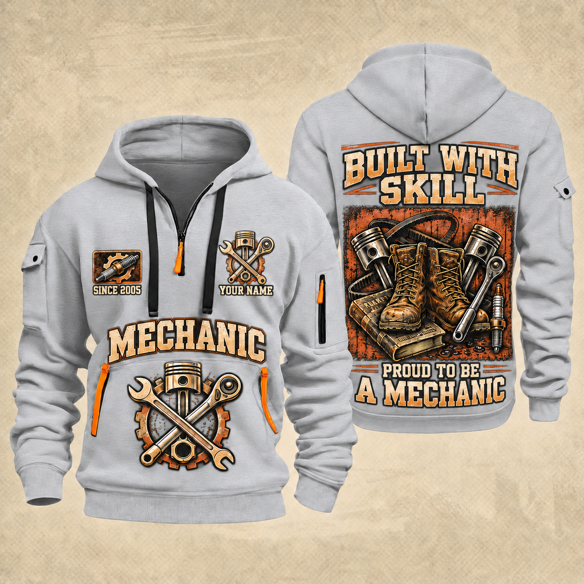Mechanic Built With Skill quarter-zip hoodie in Light Grey, front and back, YOUR NAME and SINCE 2005 artwork