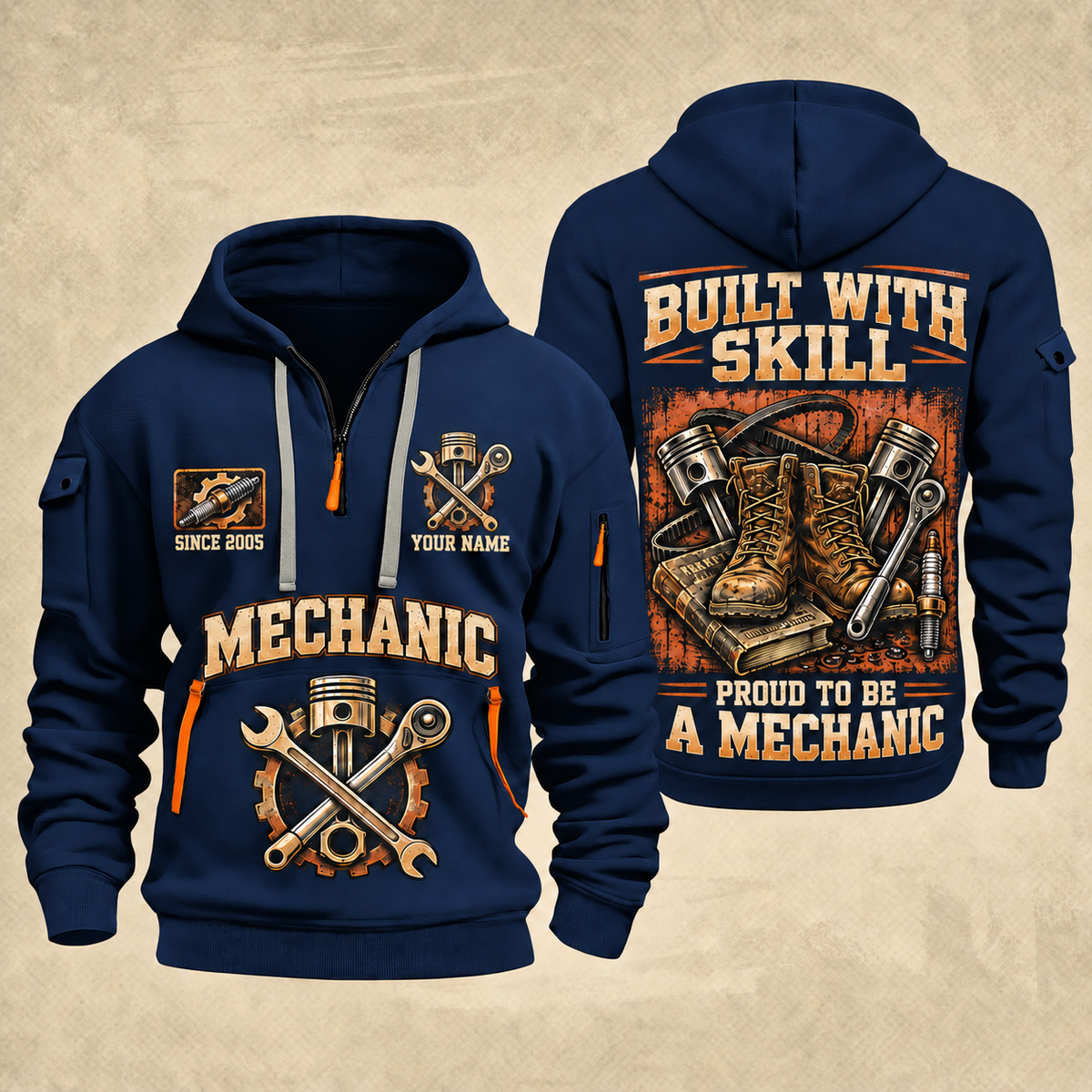 Mechanic Built With Skill quarter-zip hoodie in Navy, front and back, YOUR NAME and SINCE 2005 artwork