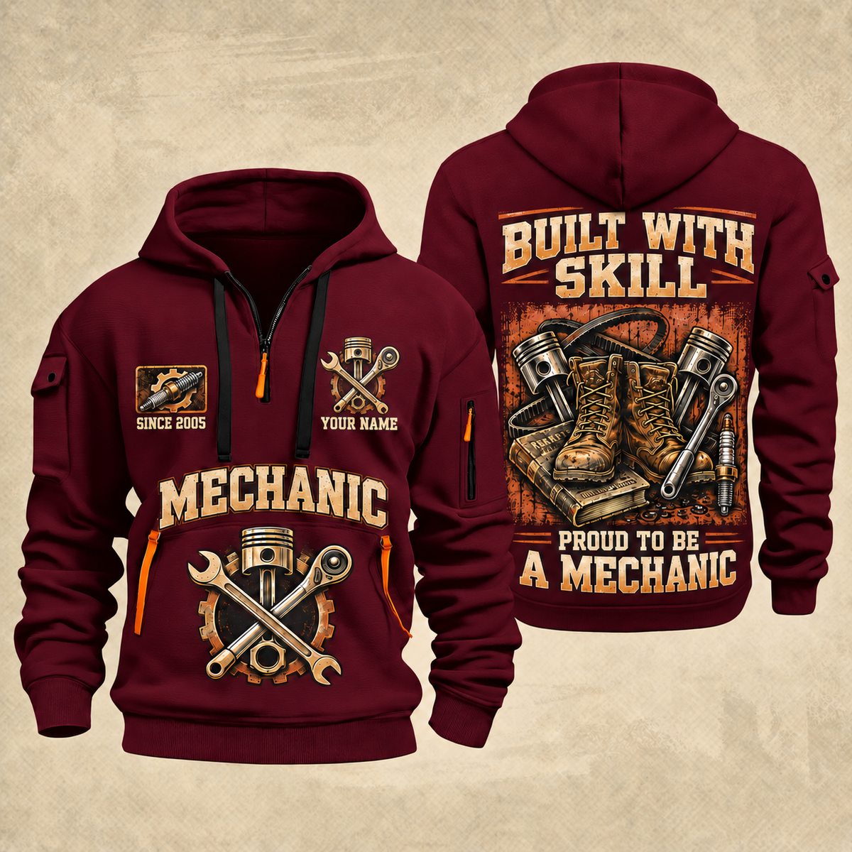 Mechanic Built With Skill quarter-zip hoodie in Wine Red, front and back, YOUR NAME and SINCE 2005 artwork