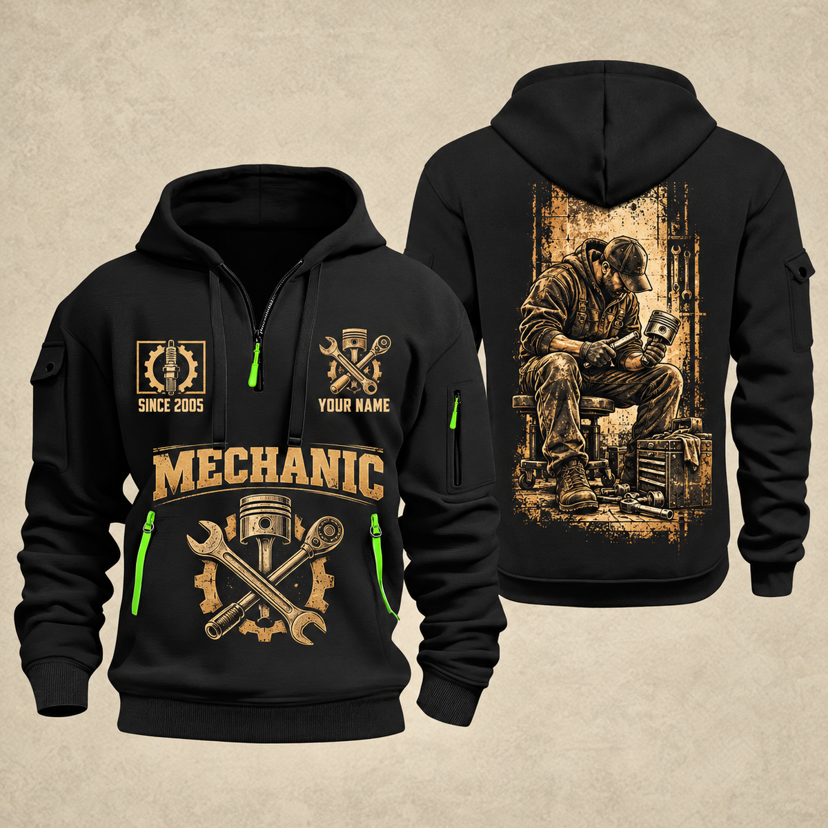 Mechanic Golden Garage quarter-zip hoodie in Black, front and back, YOUR NAME and SINCE 2005 artwork