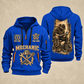 Mechanic Golden Garage quarter-zip hoodie in Blue, front and back, YOUR NAME and SINCE 2005 artwork