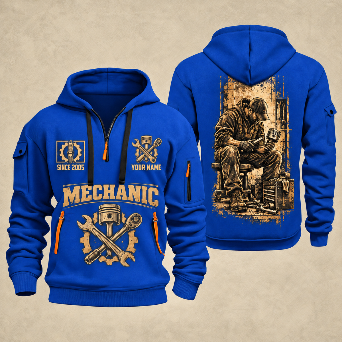 Mechanic Golden Garage quarter-zip hoodie in Blue, front and back, YOUR NAME and SINCE 2005 artwork