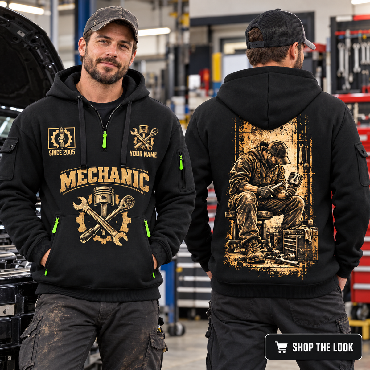 Mechanic wearing Golden Garage quarter-zip hoodie in their workplace; product introduction and shopping call to action