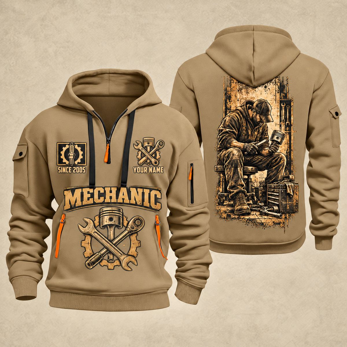 Mechanic Golden Garage quarter-zip hoodie in Khaki, front and back, YOUR NAME and SINCE 2005 artwork