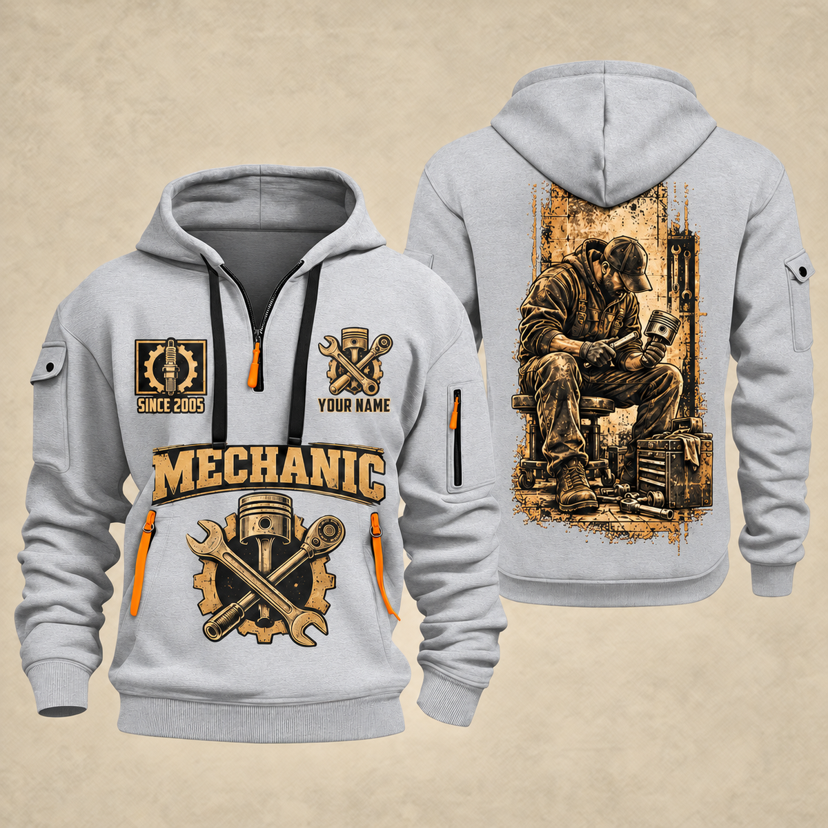Mechanic Golden Garage quarter-zip hoodie in Light Grey, front and back, YOUR NAME and SINCE 2005 artwork