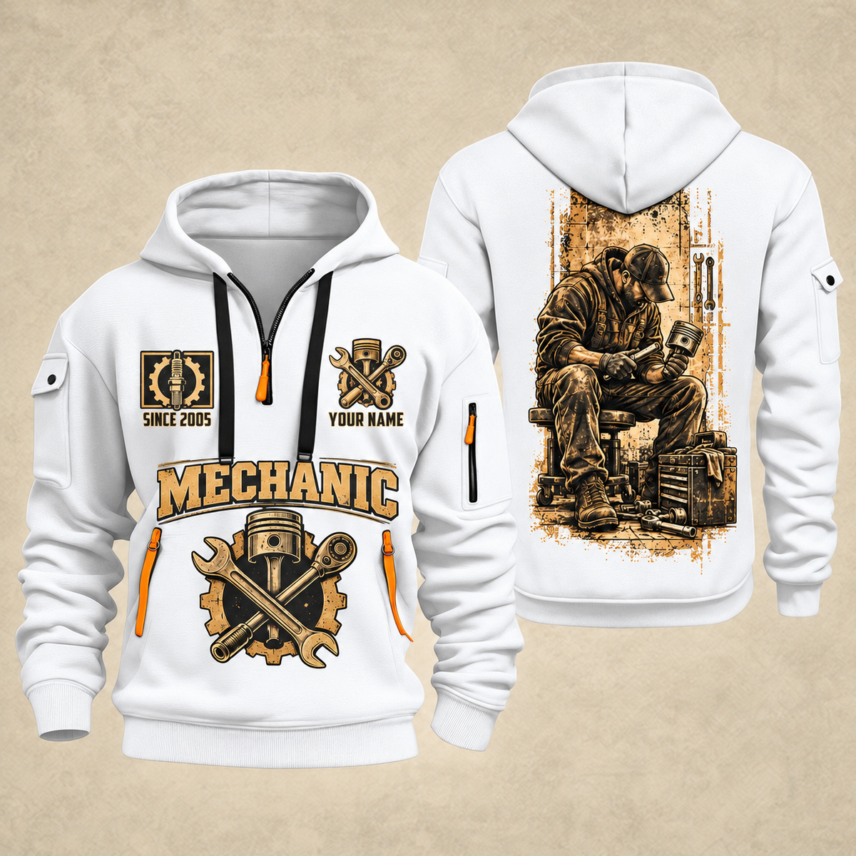 Mechanic Golden Garage quarter-zip hoodie in White, front and back, YOUR NAME and SINCE 2005 artwork