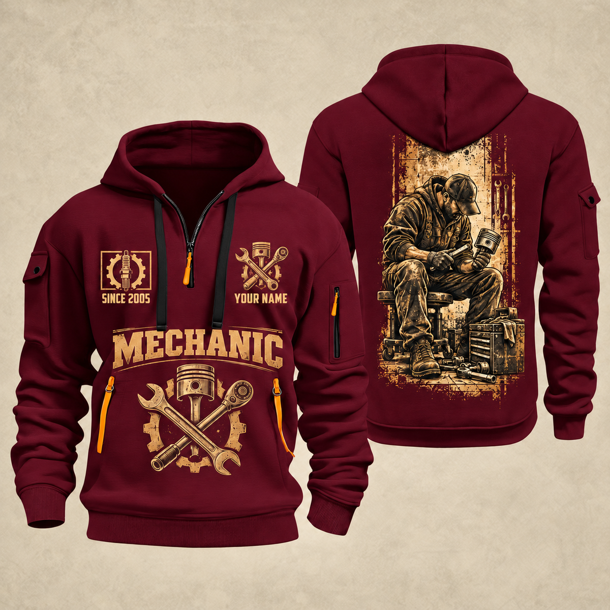 Mechanic Golden Garage quarter-zip hoodie in Wine Red, front and back, YOUR NAME and SINCE 2005 artwork