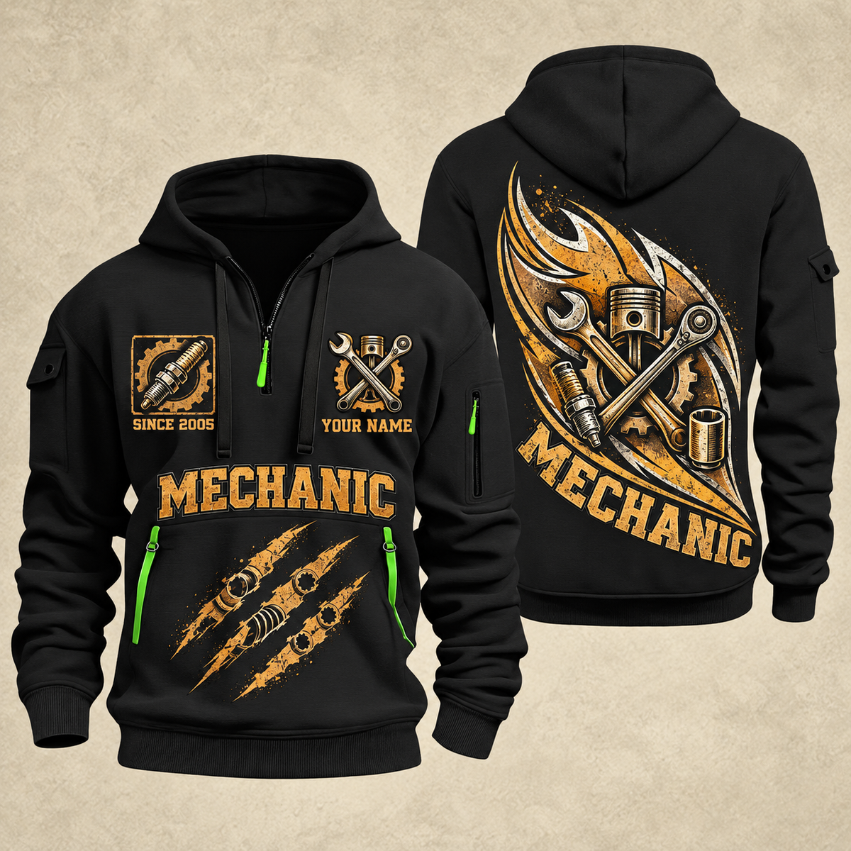 Mechanic Torque In Motion quarter-zip hoodie in Black, front and back, YOUR NAME and SINCE 2005 artwork
