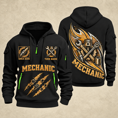 Mechanic Torque In Motion quarter-zip hoodie in Black, front and back, YOUR NAME and SINCE 2005 artwork