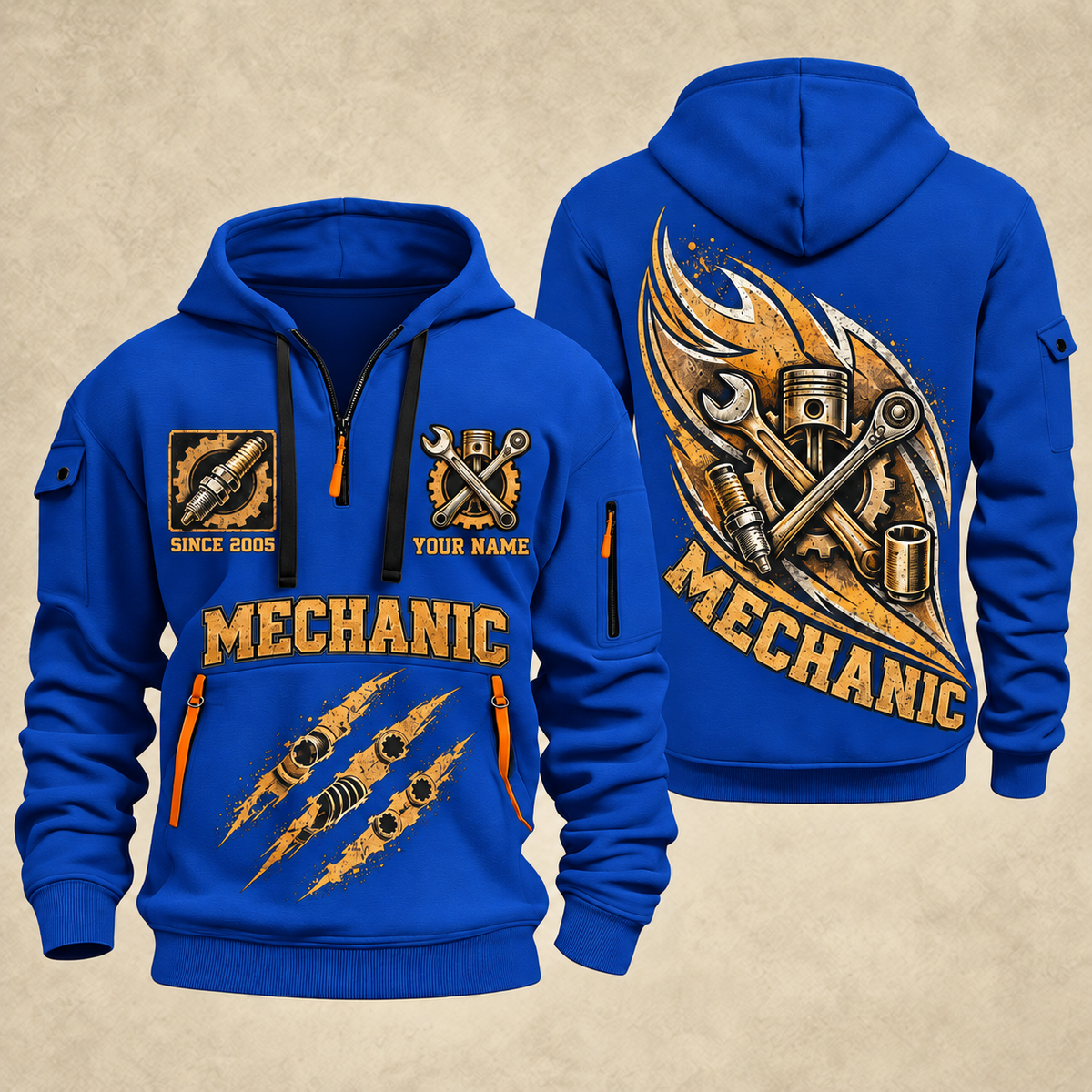 Mechanic Torque In Motion quarter-zip hoodie in Blue, front and back, YOUR NAME and SINCE 2005 artwork