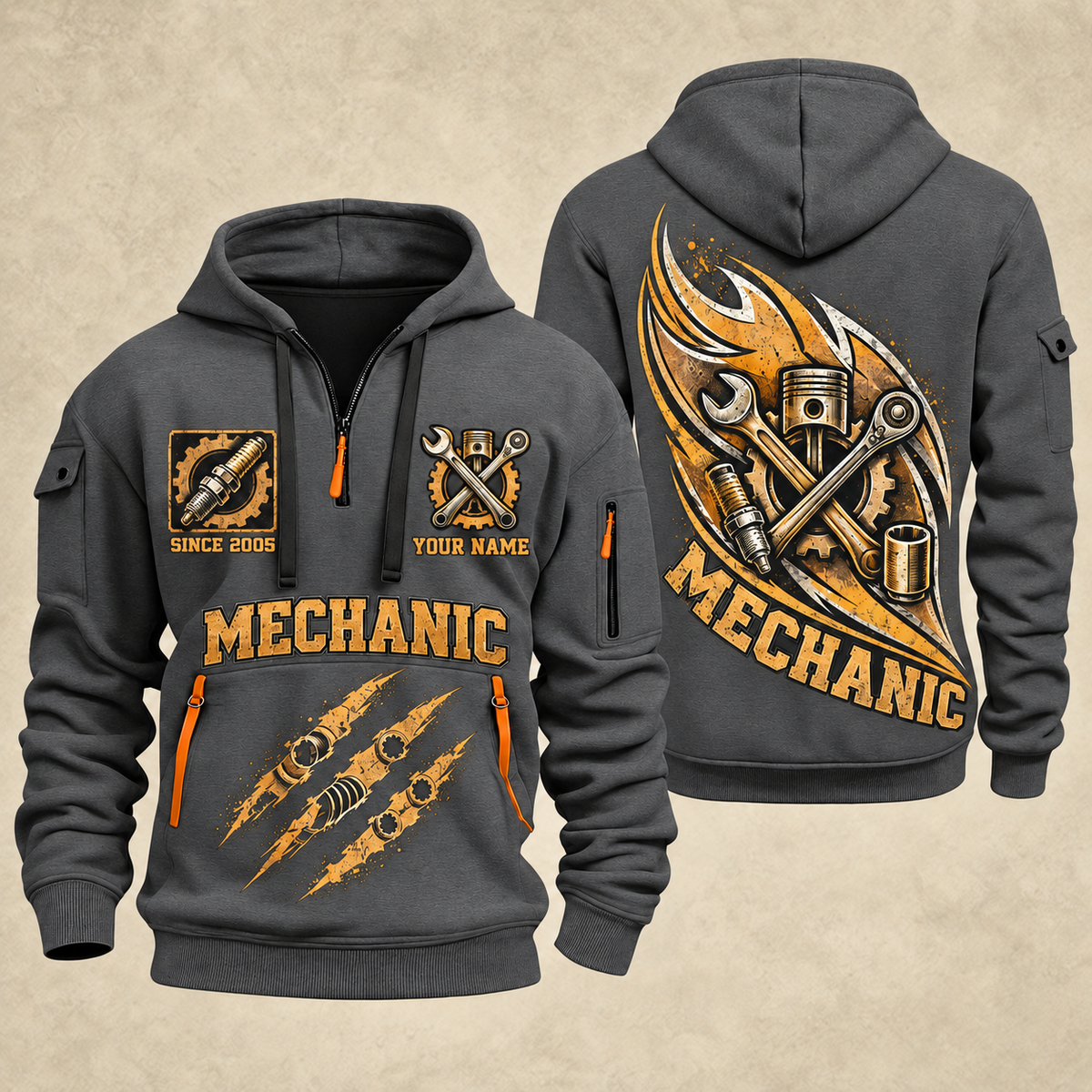 Mechanic Torque In Motion quarter-zip hoodie in Gray, front and back, YOUR NAME and SINCE 2005 artwork