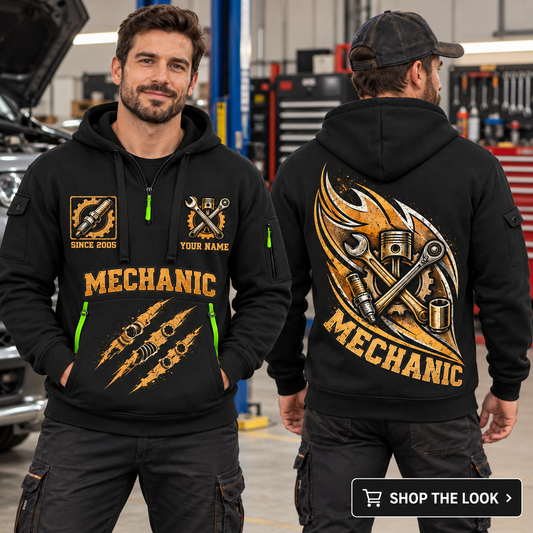 Mechanic wearing Torque In Motion quarter-zip hoodie in their workplace; product introduction and shopping call to action