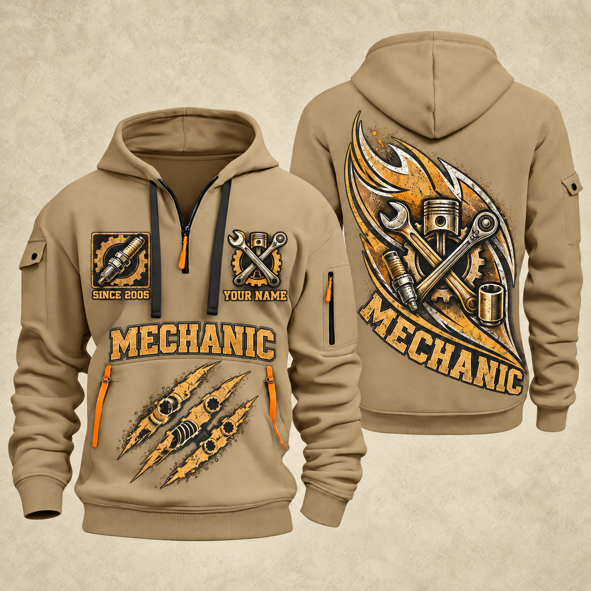 Mechanic Torque In Motion quarter-zip hoodie in Khaki, front and back, YOUR NAME and SINCE 2005 artwork