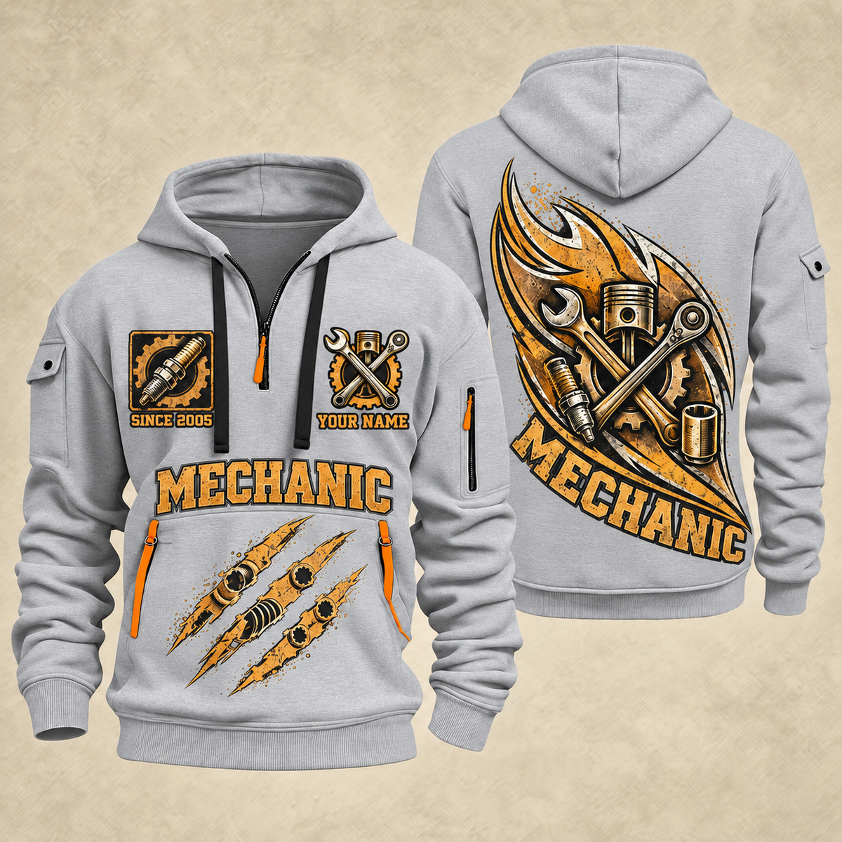 Mechanic Torque In Motion quarter-zip hoodie in Light Grey, front and back, YOUR NAME and SINCE 2005 artwork
