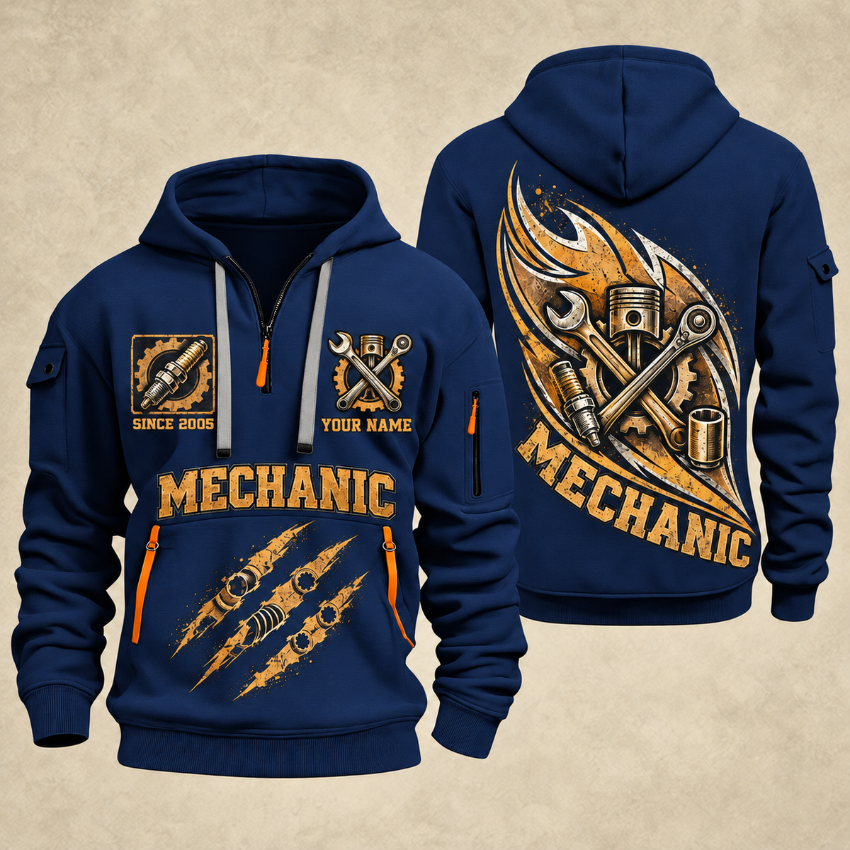 Mechanic Torque In Motion quarter-zip hoodie in Navy, front and back, YOUR NAME and SINCE 2005 artwork