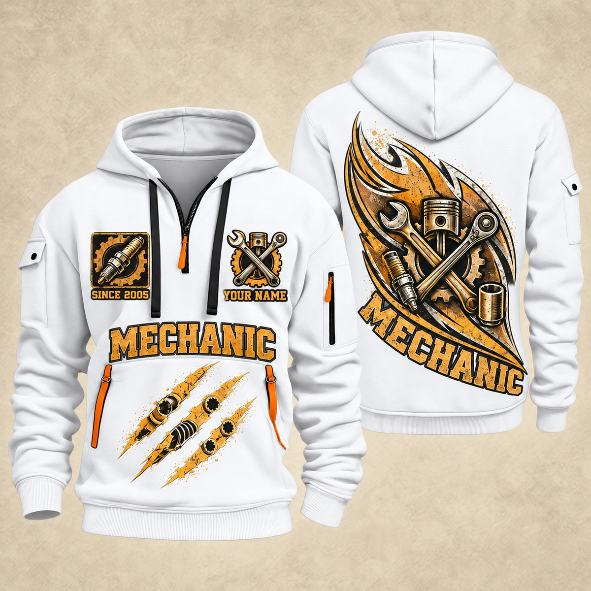 Mechanic Torque In Motion quarter-zip hoodie in White, front and back, YOUR NAME and SINCE 2005 artwork