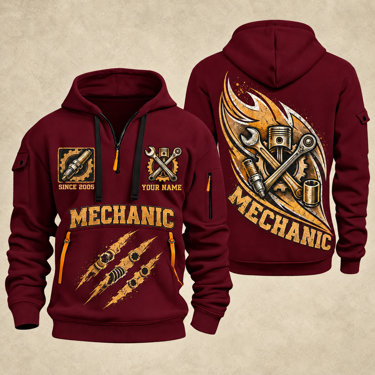 Mechanic Torque In Motion quarter-zip hoodie in Wine Red, front and back, YOUR NAME and SINCE 2005 artwork