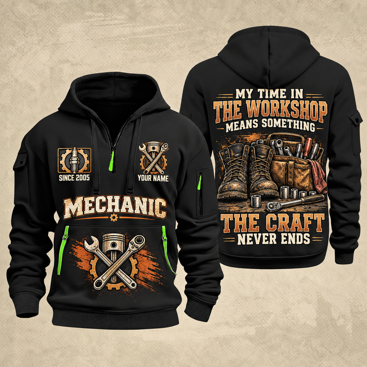 Mechanic The Craft Never Ends quarter-zip hoodie in Black, front and back, YOUR NAME and SINCE 2005 artwork