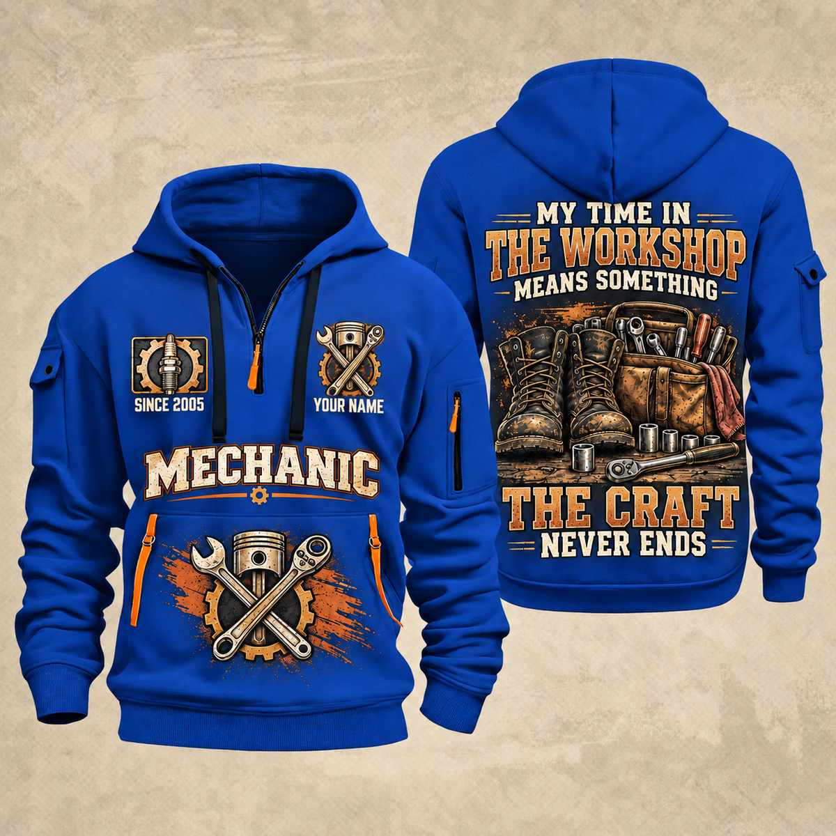 Mechanic The Craft Never Ends quarter-zip hoodie in Blue, front and back, YOUR NAME and SINCE 2005 artwork