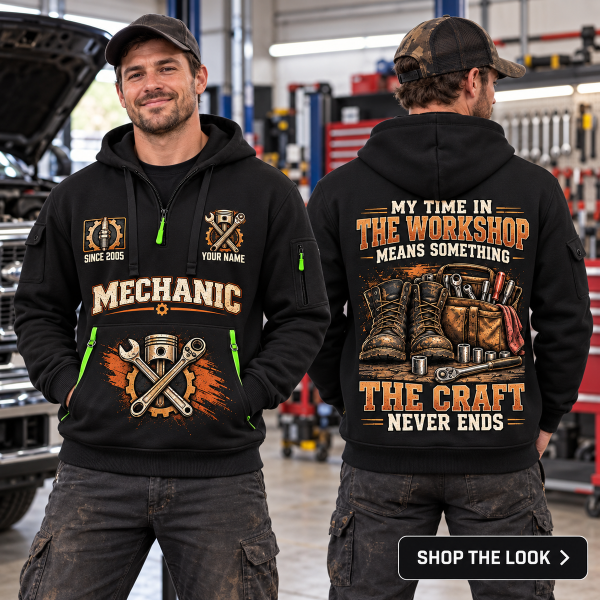 Mechanic wearing The Craft Never Ends quarter-zip hoodie in their workplace; product introduction and shopping call to action
