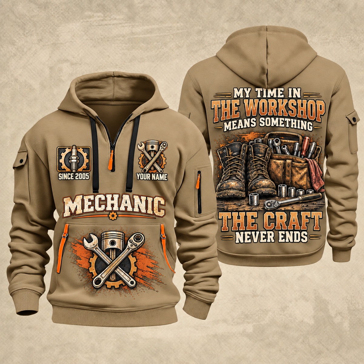 Mechanic The Craft Never Ends quarter-zip hoodie in Khaki, front and back, YOUR NAME and SINCE 2005 artwork