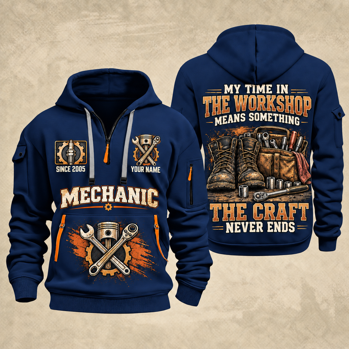 Mechanic The Craft Never Ends quarter-zip hoodie in Navy, front and back, YOUR NAME and SINCE 2005 artwork