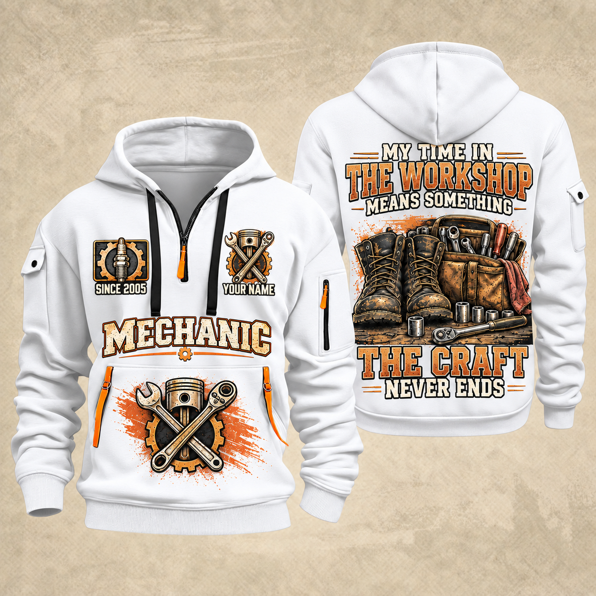 Mechanic The Craft Never Ends quarter-zip hoodie in White, front and back, YOUR NAME and SINCE 2005 artwork