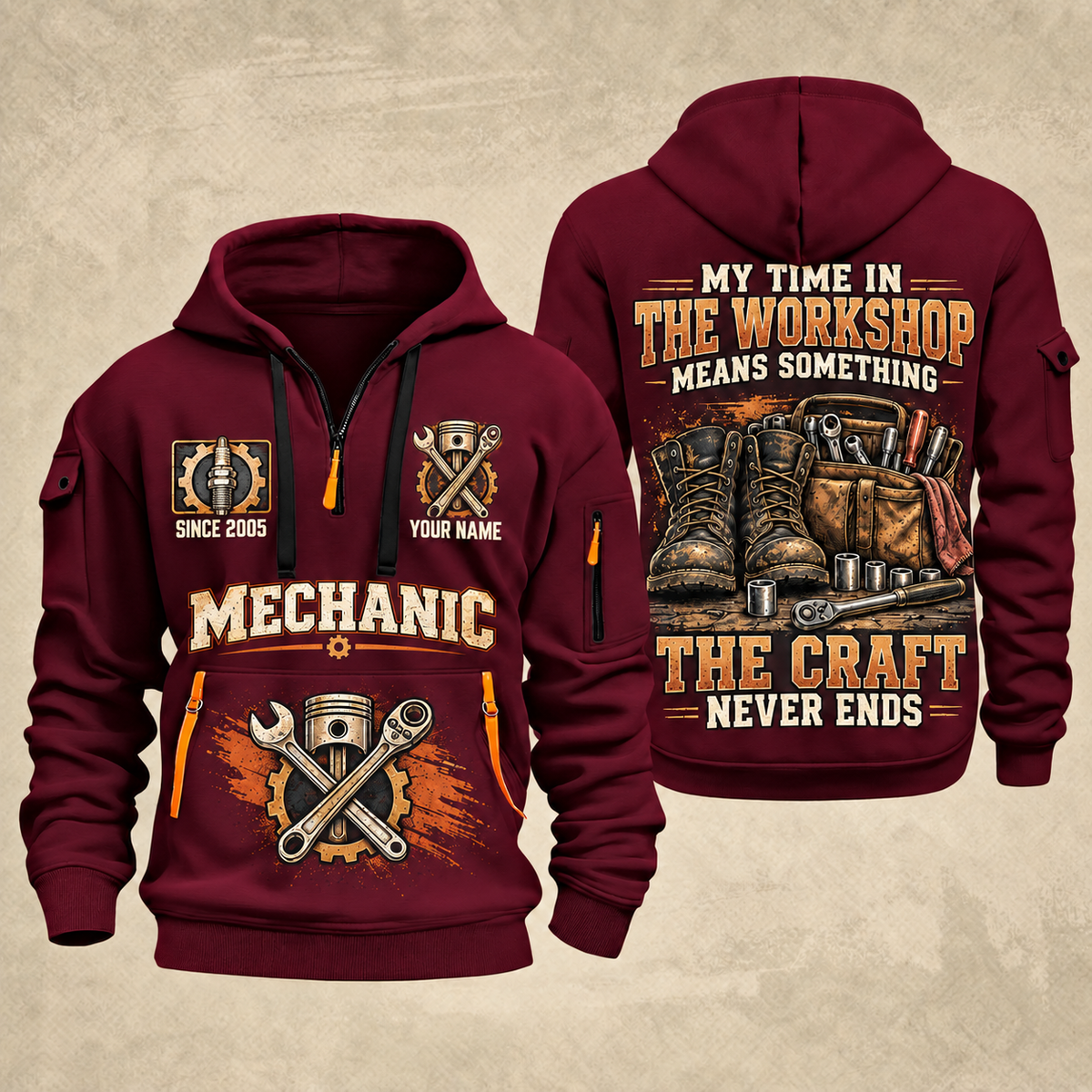 Mechanic The Craft Never Ends quarter-zip hoodie in Wine Red, front and back, YOUR NAME and SINCE 2005 artwork