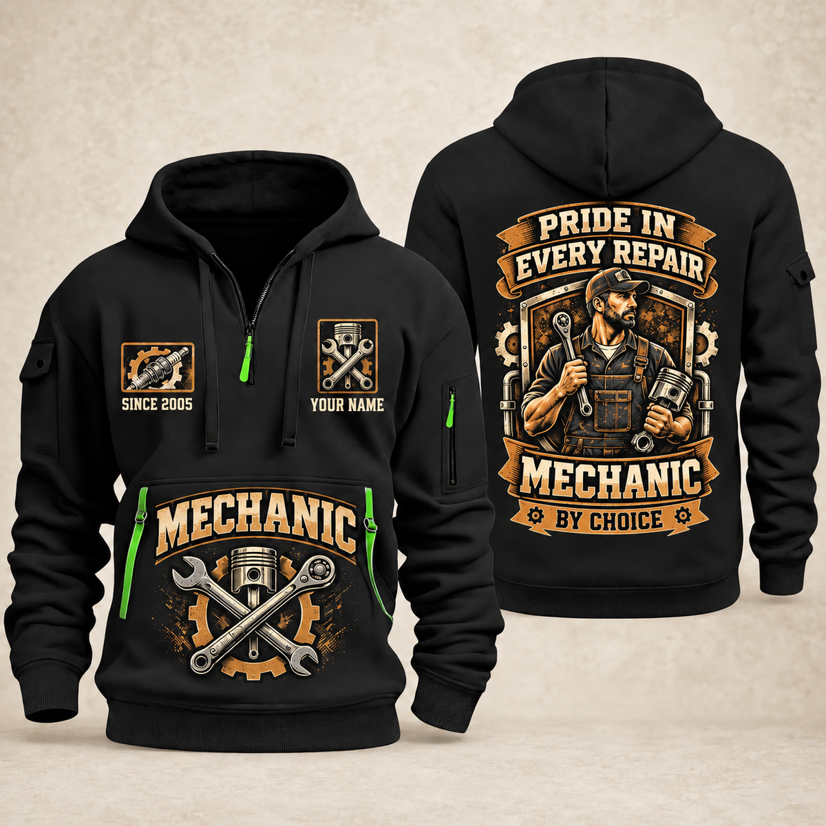 Mechanic Pride In Every Repair quarter-zip hoodie in Black, front and back, YOUR NAME and SINCE 2005 artwork