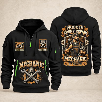 Mechanic Pride In Every Repair quarter-zip hoodie in Black, front and back, YOUR NAME and SINCE 2005 artwork