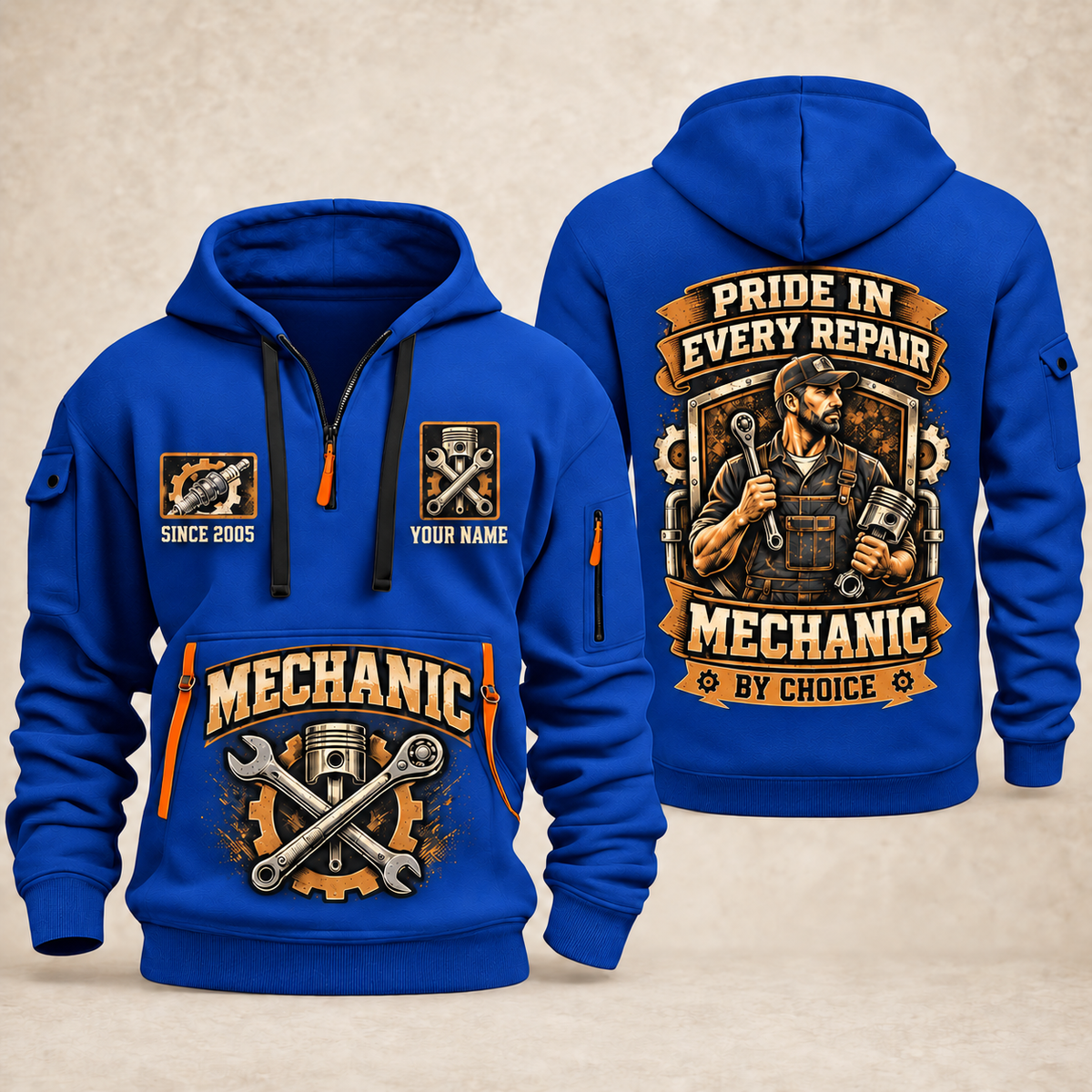 Mechanic Pride In Every Repair quarter-zip hoodie in Blue, front and back, YOUR NAME and SINCE 2005 artwork