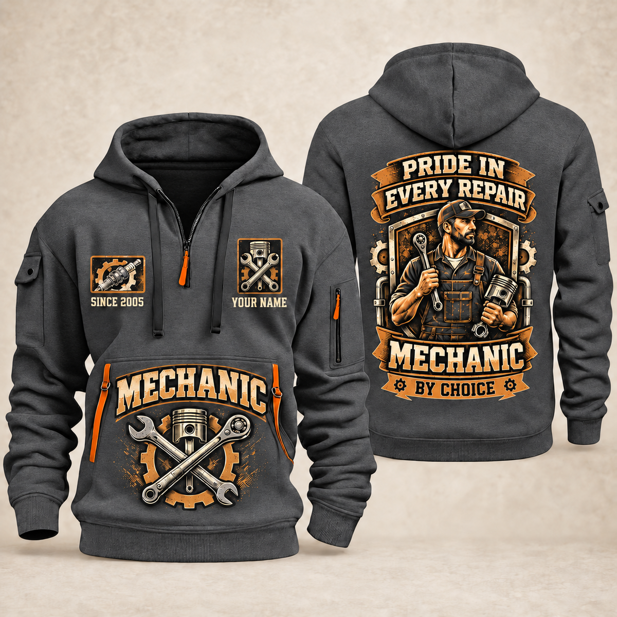 Mechanic Pride In Every Repair quarter-zip hoodie in Gray, front and back, YOUR NAME and SINCE 2005 artwork