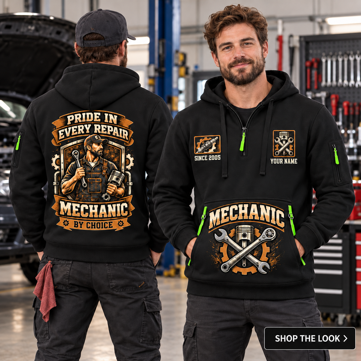 Mechanic wearing Pride In Every Repair quarter-zip hoodie in their workplace; product introduction and shopping call to action