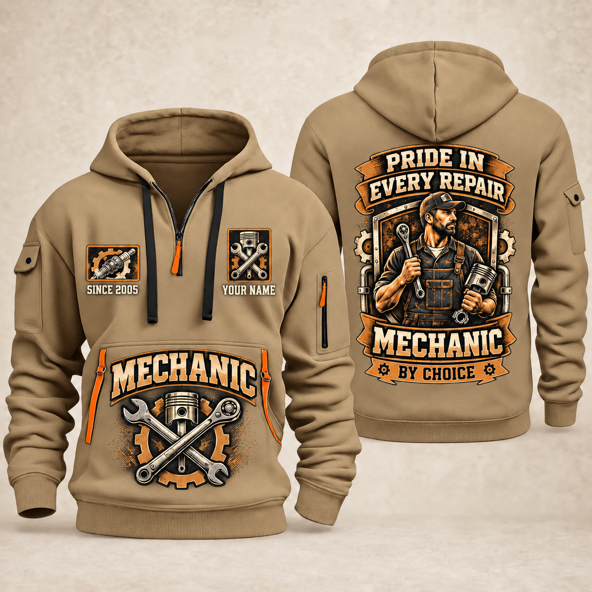 Mechanic Pride In Every Repair quarter-zip hoodie in Khaki, front and back, YOUR NAME and SINCE 2005 artwork