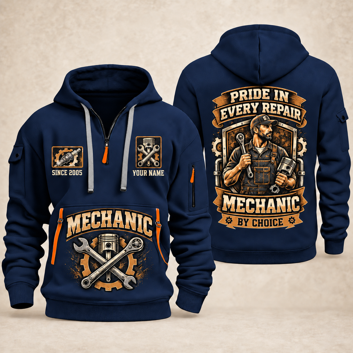 Mechanic Pride In Every Repair quarter-zip hoodie in Navy, front and back, YOUR NAME and SINCE 2005 artwork