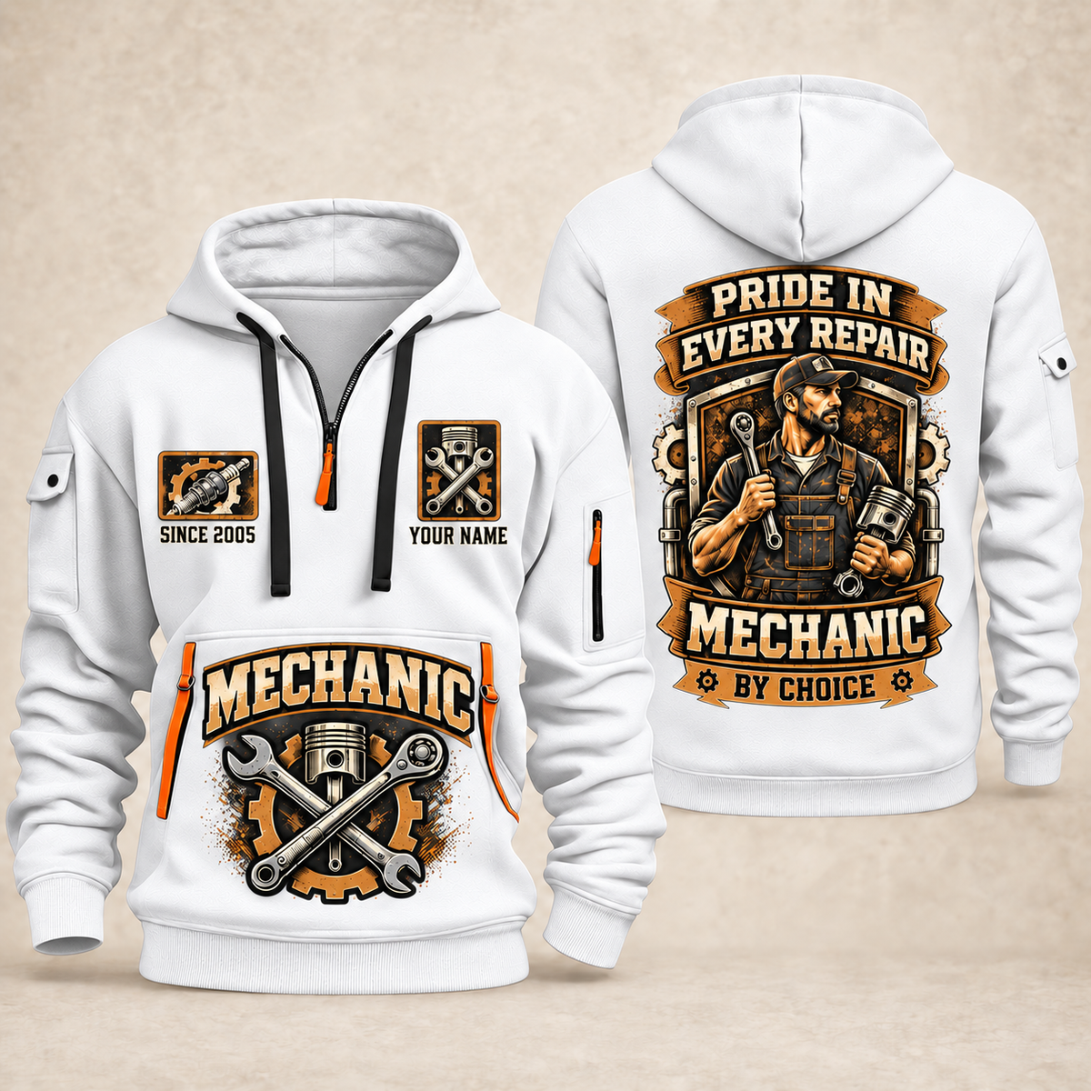 Mechanic Pride In Every Repair quarter-zip hoodie in White, front and back, YOUR NAME and SINCE 2005 artwork