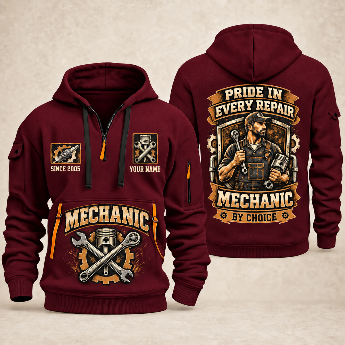 Mechanic Pride In Every Repair quarter-zip hoodie in Wine Red, front and back, YOUR NAME and SINCE 2005 artwork
