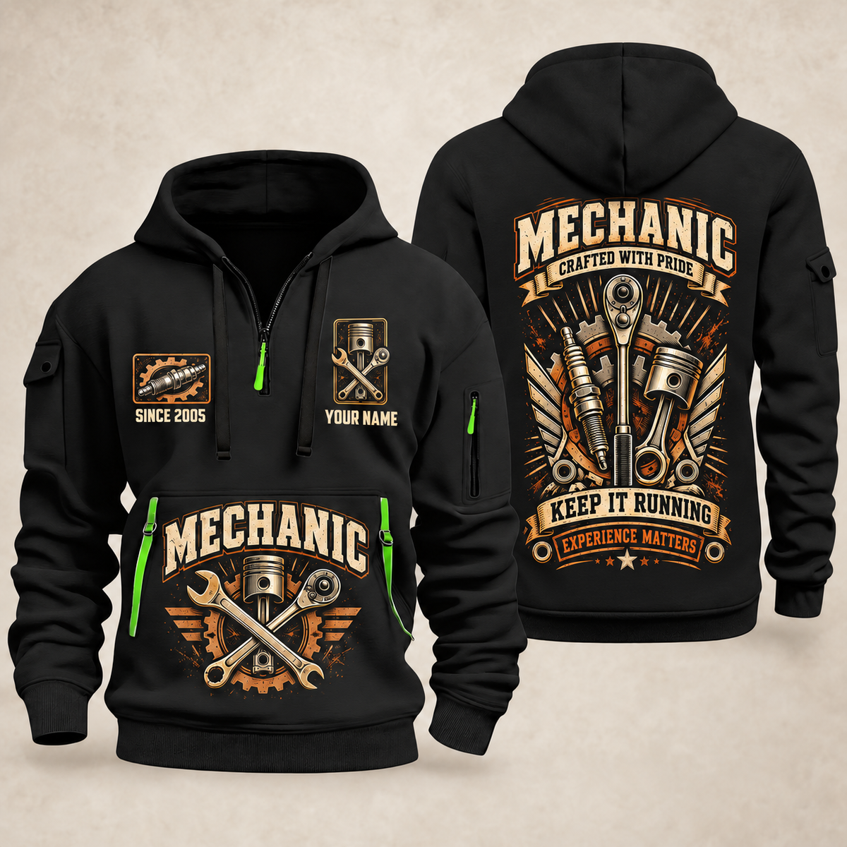 Mechanic Keep It Running quarter-zip hoodie in Black, front and back, YOUR NAME and SINCE 2005 artwork