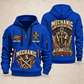 Mechanic Keep It Running quarter-zip hoodie in Blue, front and back, YOUR NAME and SINCE 2005 artwork
