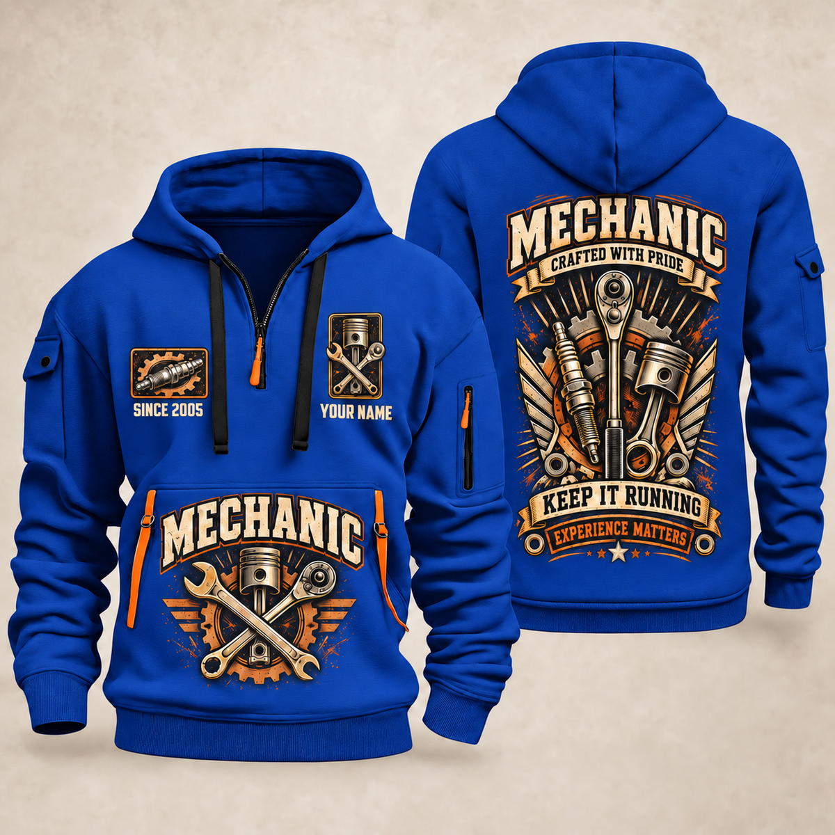 Mechanic Keep It Running quarter-zip hoodie in Blue, front and back, YOUR NAME and SINCE 2005 artwork