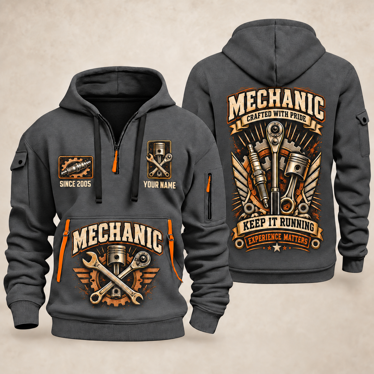 Mechanic Keep It Running quarter-zip hoodie in Gray, front and back, YOUR NAME and SINCE 2005 artwork