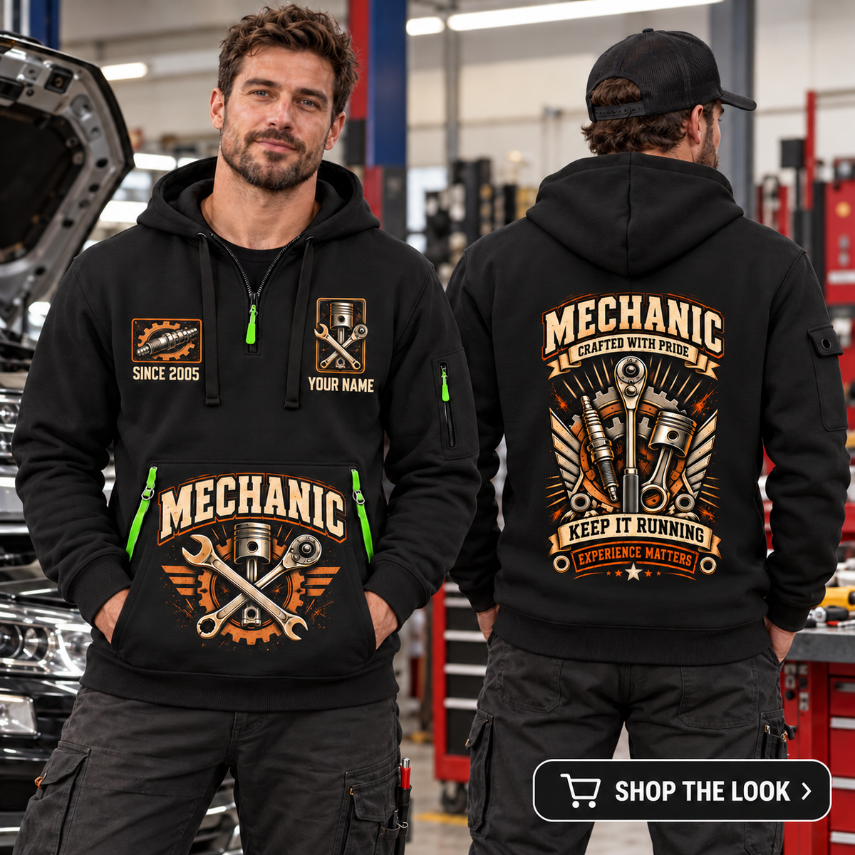 Mechanic wearing Keep It Running quarter-zip hoodie in their workplace; product introduction and shopping call to action