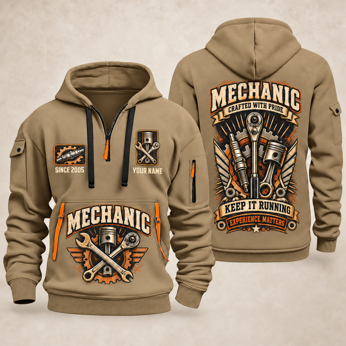 Mechanic Keep It Running quarter-zip hoodie in Khaki, front and back, YOUR NAME and SINCE 2005 artwork