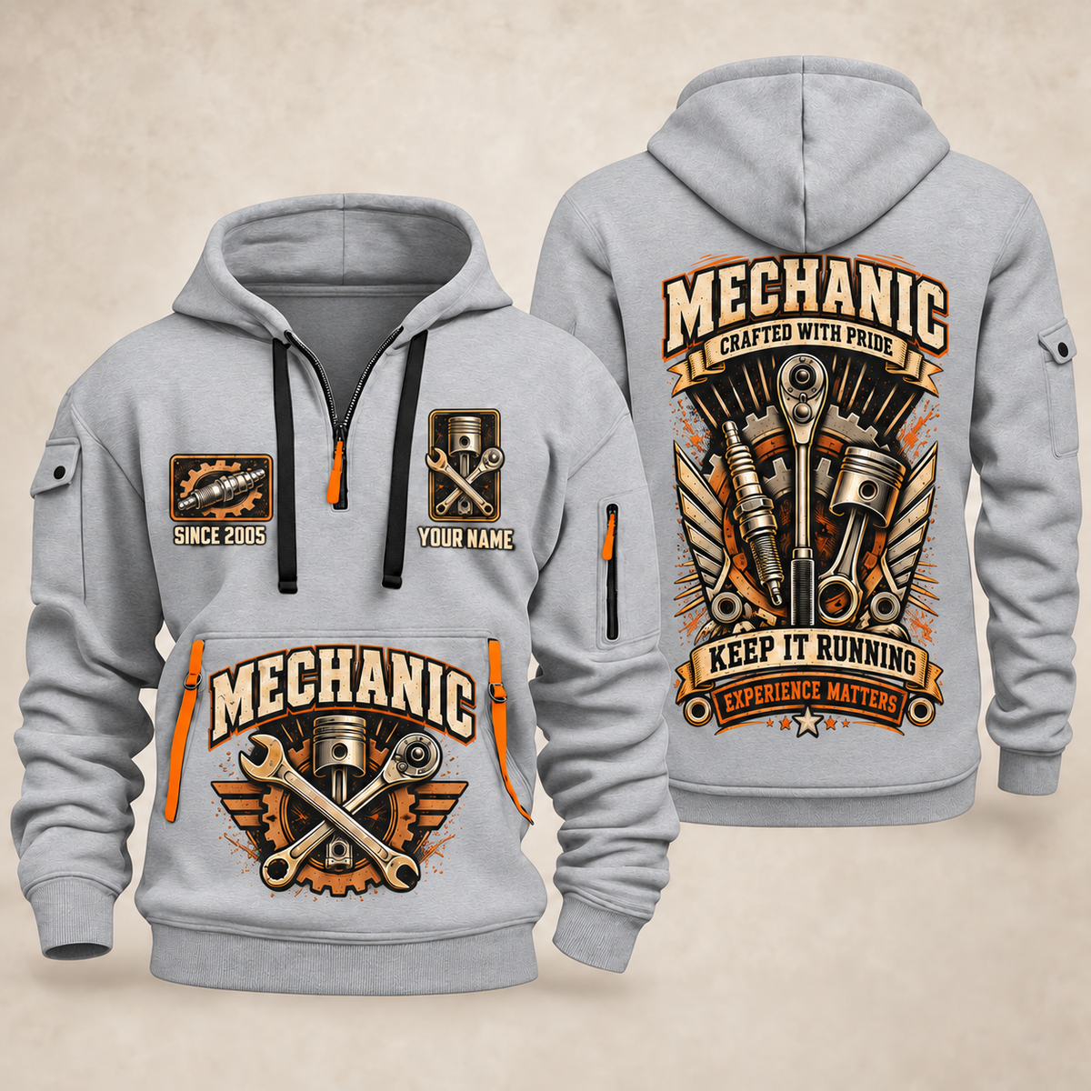 Mechanic Keep It Running quarter-zip hoodie in Light Grey, front and back, YOUR NAME and SINCE 2005 artwork