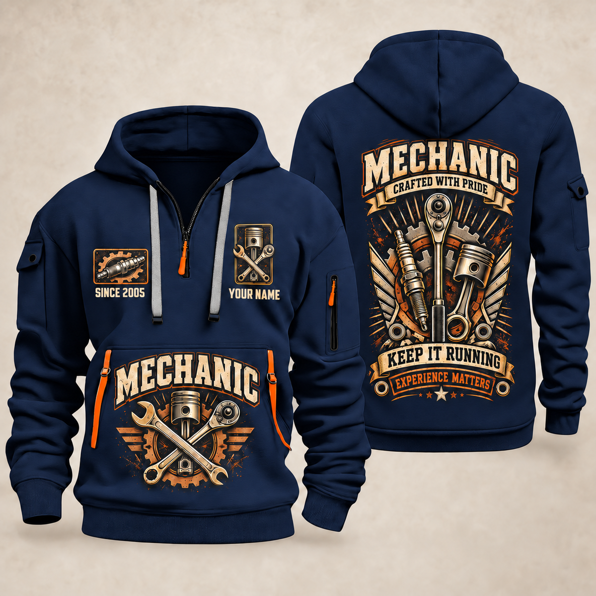 Mechanic Keep It Running quarter-zip hoodie in Navy, front and back, YOUR NAME and SINCE 2005 artwork