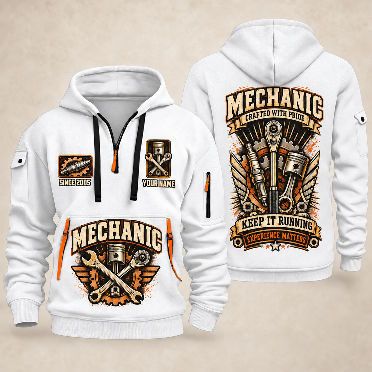 Mechanic Keep It Running quarter-zip hoodie in White, front and back, YOUR NAME and SINCE 2005 artwork