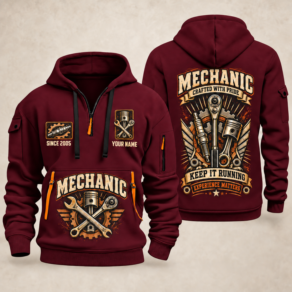 Mechanic Keep It Running quarter-zip hoodie in Wine Red, front and back, YOUR NAME and SINCE 2005 artwork