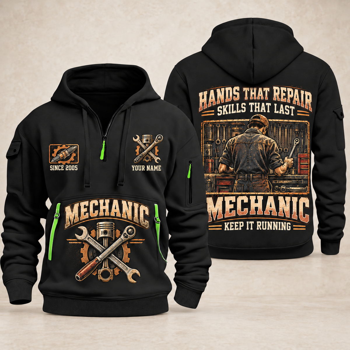 Mechanic Hands That Repair quarter-zip hoodie in Black, front and back, YOUR NAME and SINCE 2005 artwork